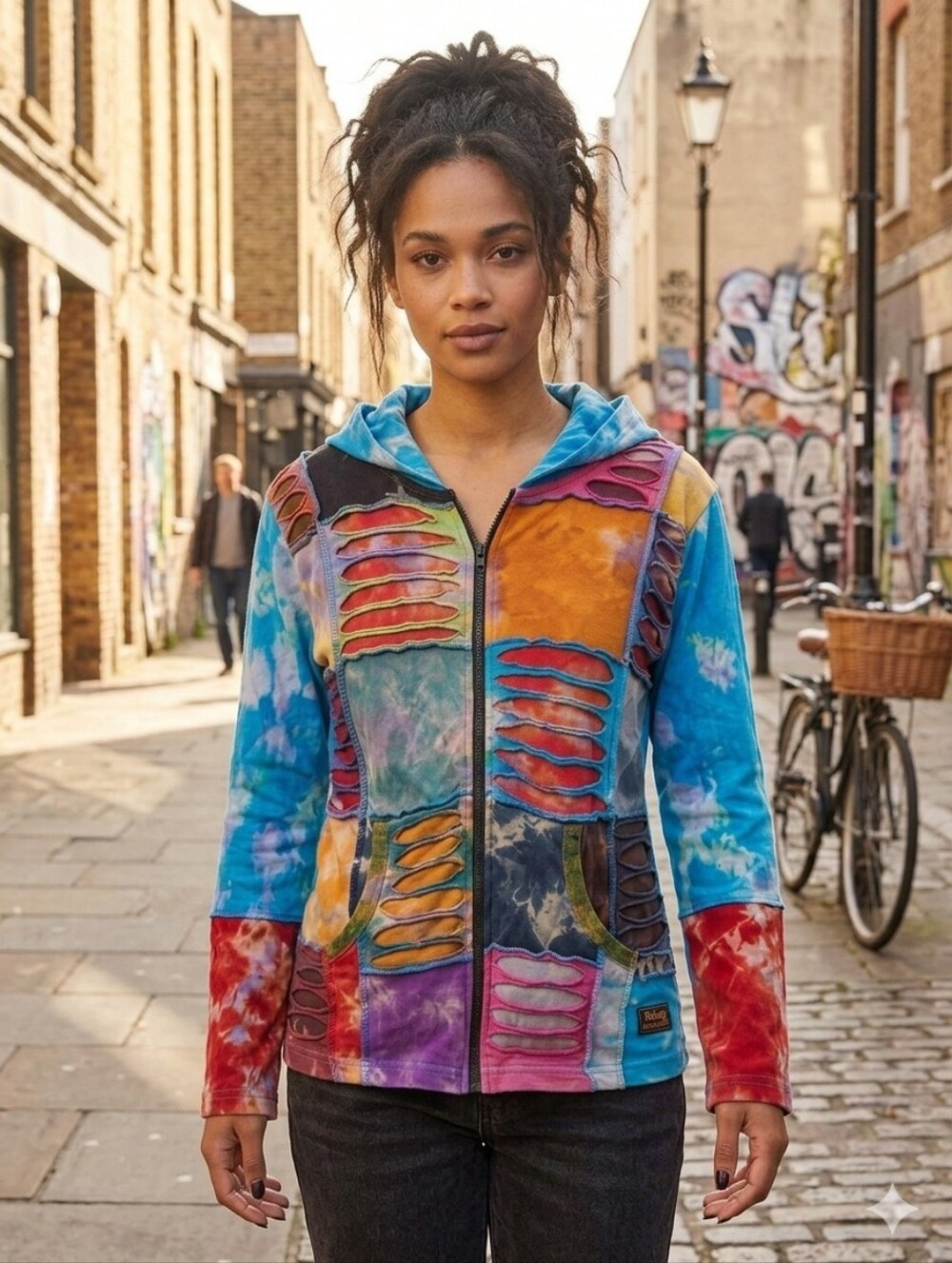 Rising International Blue Multicolor Patchwork Hooded Utility Jacket